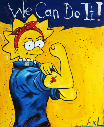 tableau moderne contemporain coloré revisite de la plaque we can do it avec le personnage jaune lisa simpson avec bandeau rouge et tatouage coeur sur le bras