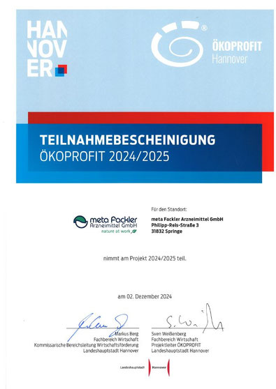 Auszeichnung zum Ökoprofit-Betrieb 2018 von meta Fackler