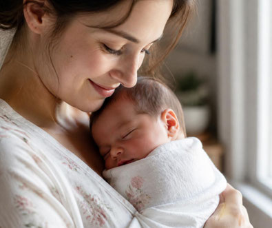 Lächelden Mutter mit Neugeborenem auf der Brust. Das Baby schläft friedlich nach einer sanften Babymassage Bindung durch Berührung - mein schützling