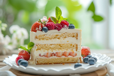 カットしてお皿にサーブされたいちごのショートケーキ。