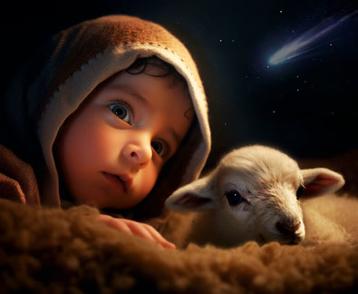 Das Jesuskind und ein Lamm in der Krippe, ein Komet ist am Himmel zu sehen.