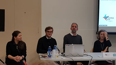 Anna Litvinenko, Andrei Zavadski, Jonas Harvard and Maria Inácia Rezola (participants of the panel "Media and memory construction"), ECREA 2018. Photo by Svetlana Bodrunova