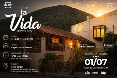 La Vida Aperitivo Party im Restaurant Stadele in Lana: Sommerabend im Garten mit Live-DJ, Burgern, Fritto Misto, Drinks und stimmungsvoller Atmosphäre.