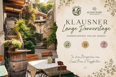 Manifesto dei lunghi giovedì di Chiusa nella birreria all’aperto di Gassl Bräu & Torgglkeller con musica dal vivo, birra artigianale, cocktail e piaceri estivi.