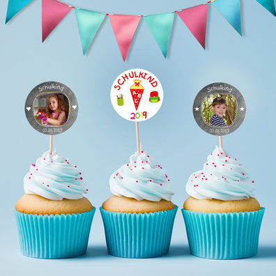 verschiedene Cupcake-Topper zum Schulanfang - teilweise mit Foto personalisierbar