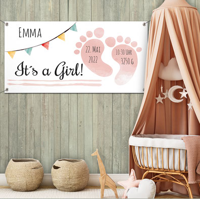 Banner zur Geburt - rosa Babyfüße mit Geburtsdaten