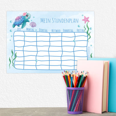 Stundenplan mit niedlicher Schildkröte im Watercolor Design