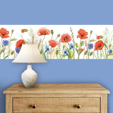 Wandbordüre mit Mohnblumen, Kornblumen und Gräser