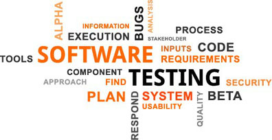 Word cloud: Large to small- Software, Testing, Plan, System, Beta, code, bugs, Execution, Process, Requirements, Alpha, Tools, respond, Information, Usability, quality, find, approach, analysis, stakeholder, component