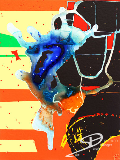 Sarah Esslinger-Dahlmann, Fantasie, August 2010, 60 x 80 cm, Acrylfarbe auf Leinwand, abstraktes, kraftvolles, farbintensives Werk, orange, hell-gelb, aubergine und blau, parallele Linien/Wege
