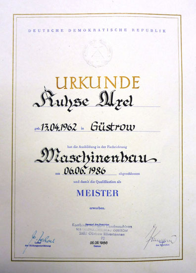 Der Meisterbrief vom 6.6.1986
