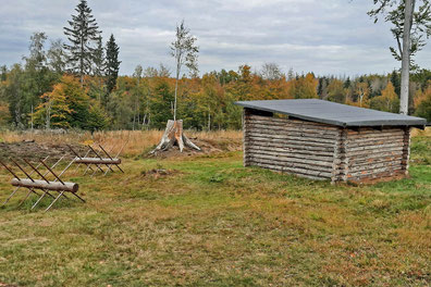 Auf einer Lichtung im Wald stehen eine Holzhütte und zwei Spanische Reiter. Im Hintergrund sieht man den Herbstwand.