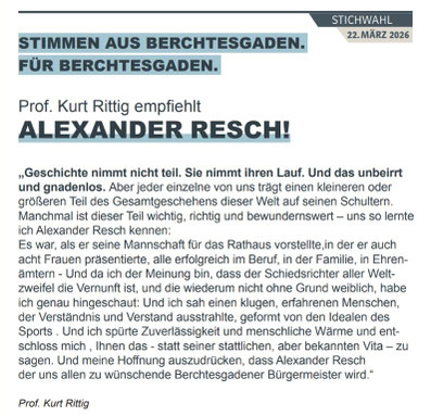 Empfehlung Alexander Resch, Bürgermeister, Berchtesgaden, Prof. Kurz Rittig, Stichwahl, Kommunalwahl 2026, Berchtesgaden, CSU