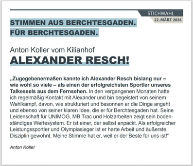 Alexander Resch, Bürgermeister für Berchtesgaden, Kommunalwahl 2026, Stichwahl 2026, Wahl, Bürgermeister, Gemeinde, Markt Berchtesgaden, 83471, neuer Bürgermeister, jetzt zählt jede Stimme, starker Bürgermeister für ein starkes Berchtesgaden, csu,