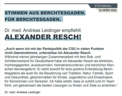 Empfehlung Alexander Resch, Bürgermeister, Berchtesgaden, Dr. med. Andreas Leidinger, Stichwahl, Kommunalwahl 2026, Berchtesgaden, CSU