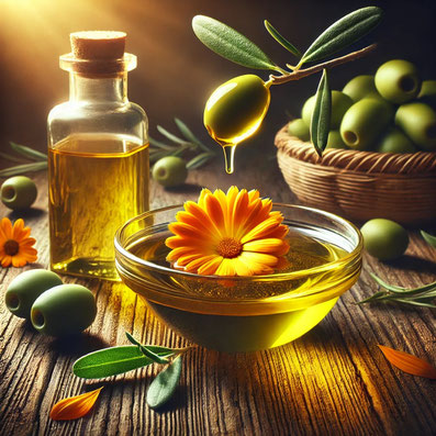 Bio Calendulaöl mit Olivenöl – natürliche Hautpflege mit sonnengelben Ringelblumenblüten und hochwertigem Olivenöl