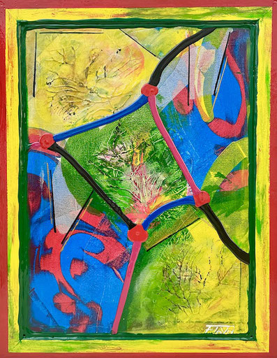 Abstraktes Gemälde „KORAL“ mit leuchtenden Farben, inspiriert von Korallenriffen. Integrierter, handgefertigter Holzrahmen, lackiert und Teil der Komposition. Leinwand auf Keilrahmen kunstvoll eingefasst in das Gesamtbild.