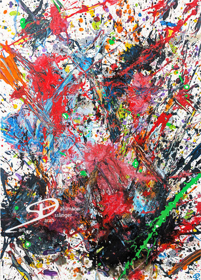 Sarah Esslinger-Dahlmann, Wut, März 2023, 70 x 100 cm, Acrylfarbe, Mischtechnik auf Leinwand, abstraktes, kraftvolles, farbintensives Werk, aggressives Rot, schwarz, Kontrast bilden grün und blau