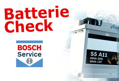 Bild zeigt die Überschrift Batterie-Check mit Bosch Logo und einer Fahrzeugbatterie im Hintergrund