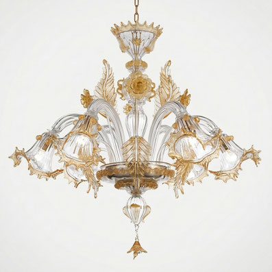 lampadario Miss Vivaldi in vetro di Murano lavorato a mano stile classico veneziano elegante con dettagli oro made in Italy