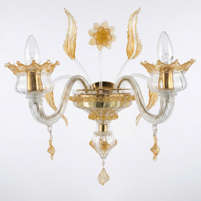 Applique Murano Miss Puccini in vetro lavorato a mano con due luci trasparente con oro 24 carati