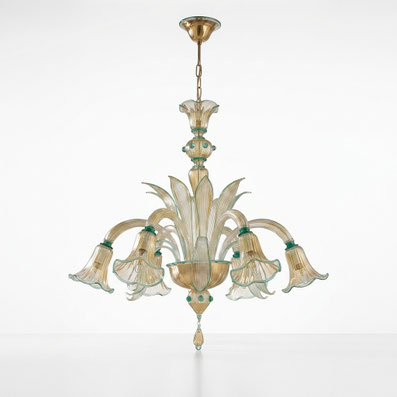 Lampadario Amanda in vetro di Murano lavorato a mano oro verde 6 luci per soggiorno classico