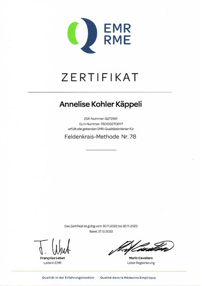 Annelise Kohler Feldenkrais Zertifikat