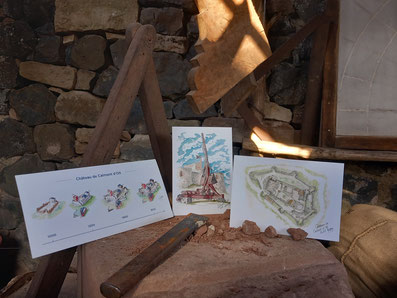 Cartes postales d'Audrey dans l'atelier taille de pierre, Calmont d'Olt