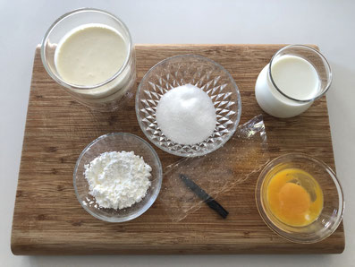 Zutaten Vanillecrème: Milch, Rahm, Zucker, Vanilleschote, Maizena, Eigelb und Gelatine