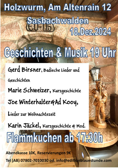 Mittwoch, 18.12., Sasbachwalden, Holzwurm, ab 17:30 Uhr Flammkuchen, ab 19 Uhr Programm zur Winterzeit