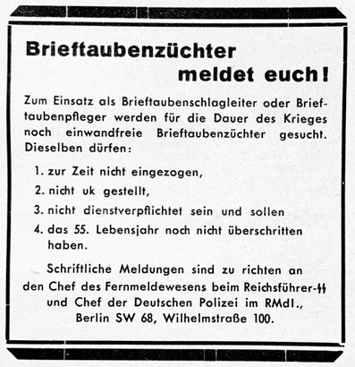 Zeitschrift für Brieftaubenkunde, Brieftaubenwesen, Brieftaubenzüchter meldet Euch!, Brieftauben im Zweiten Weltkrieg, Brieftauben im 2. Weltkrieg