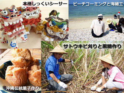 しっくいシーサー、サトウキビ刈りと黒糖作り、ビーチコーミングと海細工、沖縄伝統菓子作り