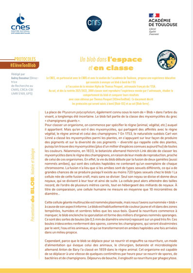 Bien en classe Mission Alpha Thomas Pesquet Elève ton blob  Projet Blob-Terre CNES CADMOS CNRS Mission X Marche vers la Lune sciences astronomie expériences école classe cycle 2 cycle 3 collège lycée