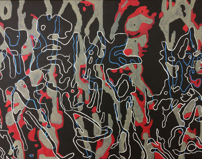"Walking among many". Oil, blackboard paint and some pastel pencil on canvas 90 cm x 70 cm.