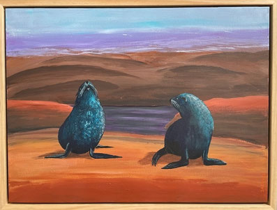 "Arguing Sealions" 65cm x 50cm Acrylic on canvas, pinewood frame $350 (excluding freight)