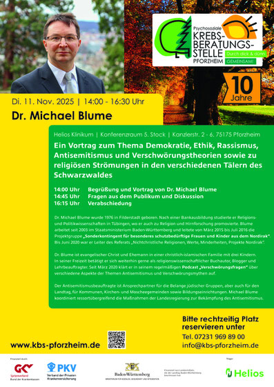 Einladung zum Vortrag von Dr. Michael Blume zum Thema Demokratie, Ethik, Rassismus, Antisemitismus und Verschwörungstheorien sowie zu religiösen Strömungen in den verschiedenen Tälern des Schwarzwaldes am 11. November 2025 um 14 Uhr im Heliosklinikum