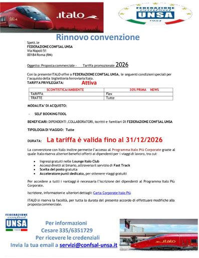 Immagine rinnovo convenzione unsa italo 2026