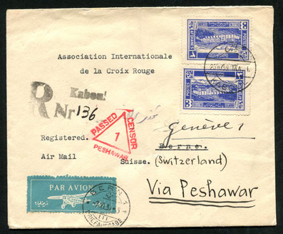 25.10.1939 Kabul, R-FLP Brief an das IKRK in Genf mit britischer Zensur in Pershawar, dann wöchentlich über Ne11.4.1931 Kairo, Zeppelin-LZ 127, Rückfahrt der Ägyptenfahrt Kairo-Friedrichshafen mit für diesen Flug herausgegebener Sonderaufdruckmarke. AKSt.