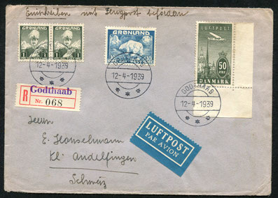 12.4.1939 Godthaab, R-Brief ab Godthaab (Hauptort). Da noch keine Fluglinie bestand wurde die Flugposttaxe mit einer dänischen Marke gedeckt, rückseitig AKSt. von Andelfingen 11.5.1939.