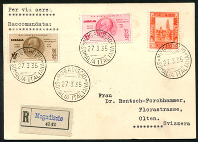 27.3.1935 Mogadiscio, R-Karte mit Flugpostfrankatur, ab Mogadisio mit IMPERIAL AIRWAYS via Asmara-Khartum-Kairo bis Rom (rückseitig Transitstempel vom 12.4.1935), dann via Mailand bis Zürich mit ALI/SWISSAIR, rückseitig AKSt. "Zürich Flugplatz 13.4.1935-1