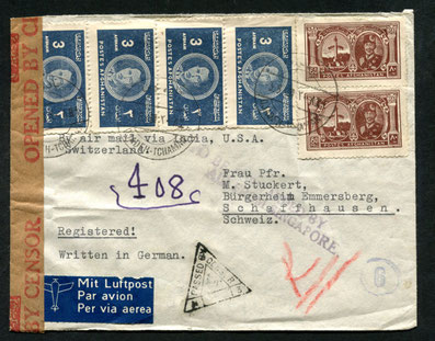 25.10.1939/3.8.1941 Kabul R-Brief mit britischer Zensur, rückseitig Transitstempel von Calcutta/Si17.7.1934 Kairo, R-Beleg mit Imperial Airways bis Brindisi, Weiterleitung per Bahn, rückseitig Transit-Bahnstempel von Brindisi und Mailand, AKSt. Bern 23.7.