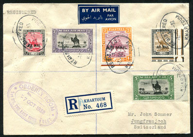 7.10.1938 Khartoum, R-Brief mit IMPERI21.5.1929 Saarbrücken, Erstflugbeleg der DLH/Farman-Linie Paris-Saarbrücken-Frankfurt-Berlin mit Anschlusspost bis Karsruhe. Weiterleitung Karlsruhe-Stuttgart-Zürich mit DLH/AD ASTRA und BALAIR bis St. Gallen möglich.