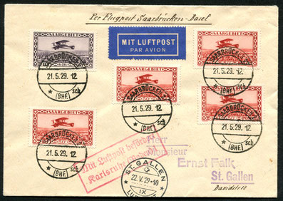 21.5.1929 Saarbrücken, Erstflugbeleg der DLH/Farman-Linie Paris-Saarbrücken-Frankfurt-Berlin mit Anschlusspost bis Karsruhe. Weiterleitung Karlsruhe-Stuttgart-Zürich mit DLH/AD ASTRA und BALAIR bis St. Gallen möglich.