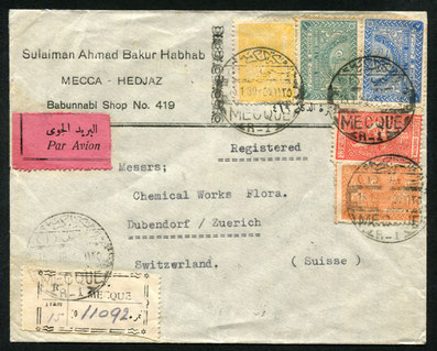 15.1.1939 Hedschas, R-Beleg ab Mekka mit rückseitigem Transitstempel von Dsc26.4.1940 Aden (Englische Kolonie), Zensurbeleg zweifach, in Aden und Ägypten kontrolliert.  Leiweg über Djibouti ( Franz. Somaliland) - Suez - Alexandria - Italien in die Schweiz