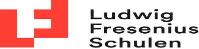 Logo der Ludwig Fresenius Schulen mit roten und weißen geometrischen Formen links und dem Schriftzug rechts
