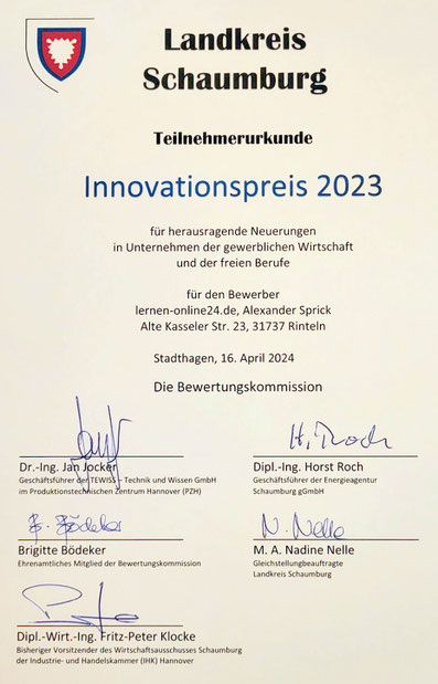 Teilnehmerurkunde Innovationspreis Schaumburg 2023 für Lernen-Online24, Alexander Sprick