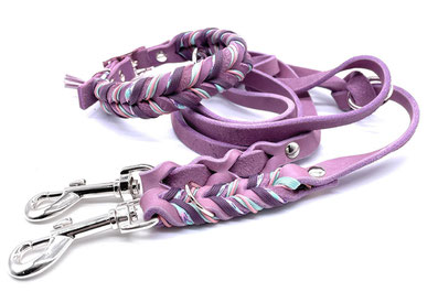 geflochtenes Hundehalsband Hundeleine Leder violett lila