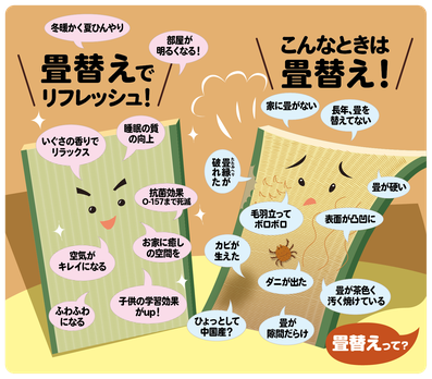＜畳替えでリフレッシュ！＞ ・冬暖かく夏ひんやり ・部屋が明るくなる！ ・睡眠の質の向上 ・いぐさの香りでリラックス ・抗菌効果O-157まで死滅 ・空気がキレイになる ・安らぎのある空間になる ・癒される ・子供の学習効果がup！  ＜こんなときは畳替え！＞ ・家に畳がない ・長年、畳を替えてない ・畳縁が破れた ・毛羽立ってボロボロ ・表面が凸凹に ・カビが生えた ・ひょっとして中国産？ ・畳が茶色く汚く焼けている ・畳が隙間だらけ  畳替えって？