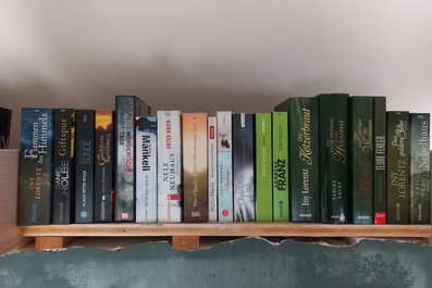 Viele Bücher stehen nebeneinander gestapelt auf einem Regal oberhalb einer grünen Wand