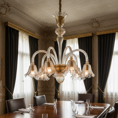 lampadario Berg oro con finiture dorate in vetro di Murano lavorato a mano stile classico veneziano elegante per salone raffinato made in Italy